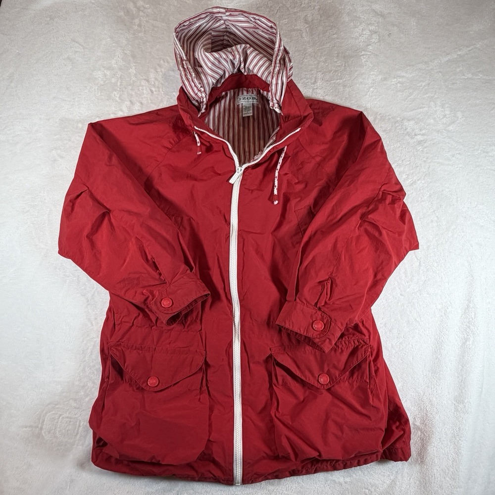 Vtg 90s Izod Jacket Sz L Red Hooded Parka Nautical Preppy